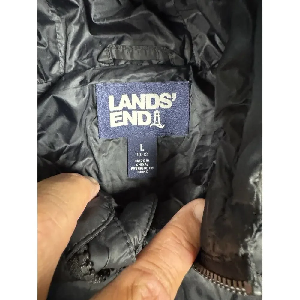 Lands End Girls L 10-12 Black Hooded Lightweight Puffer Jacket Full Zip